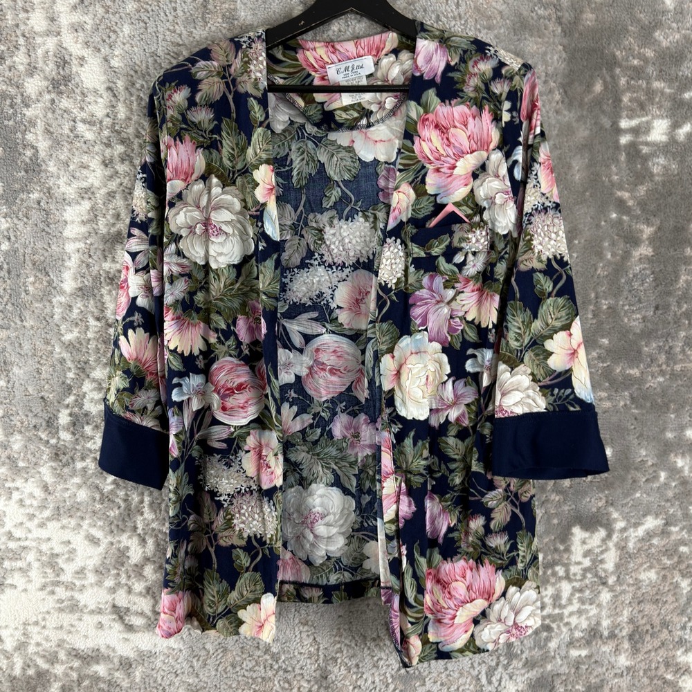C.M.J. Ltd. Size 16p Floral Vintage Open Front Cardigan Jacket Navy Blue 3/4